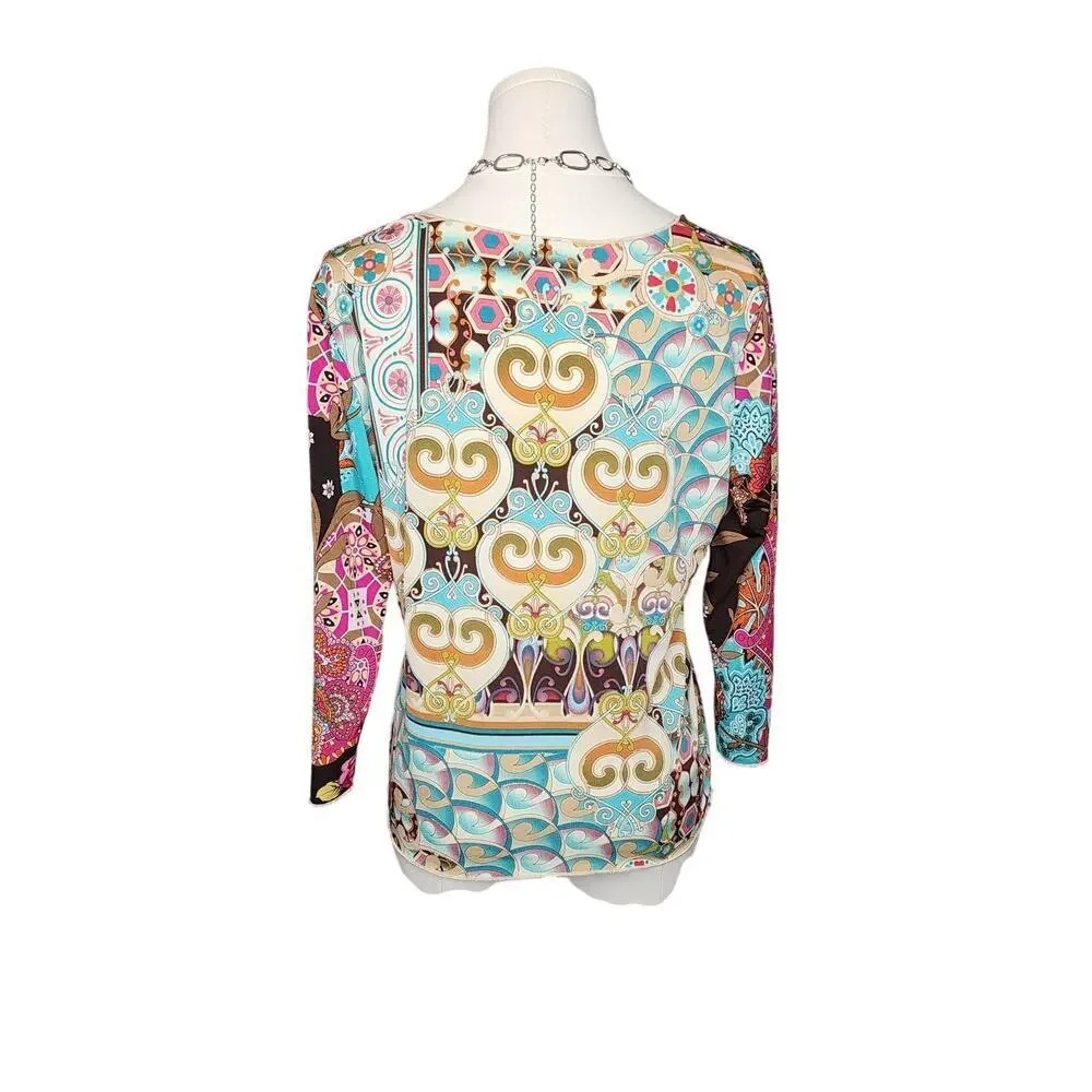 Y2k Caia Asymmetrical Long Sleeve Colorful Paisley Rose Floral Geometric Top L - Picture 6 of 8